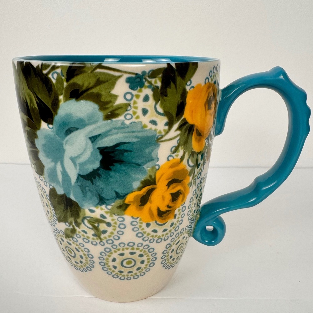 The Pioneer Woman Mug 24oz Teal Floral Stoneware Coffee Tea Cup Boho